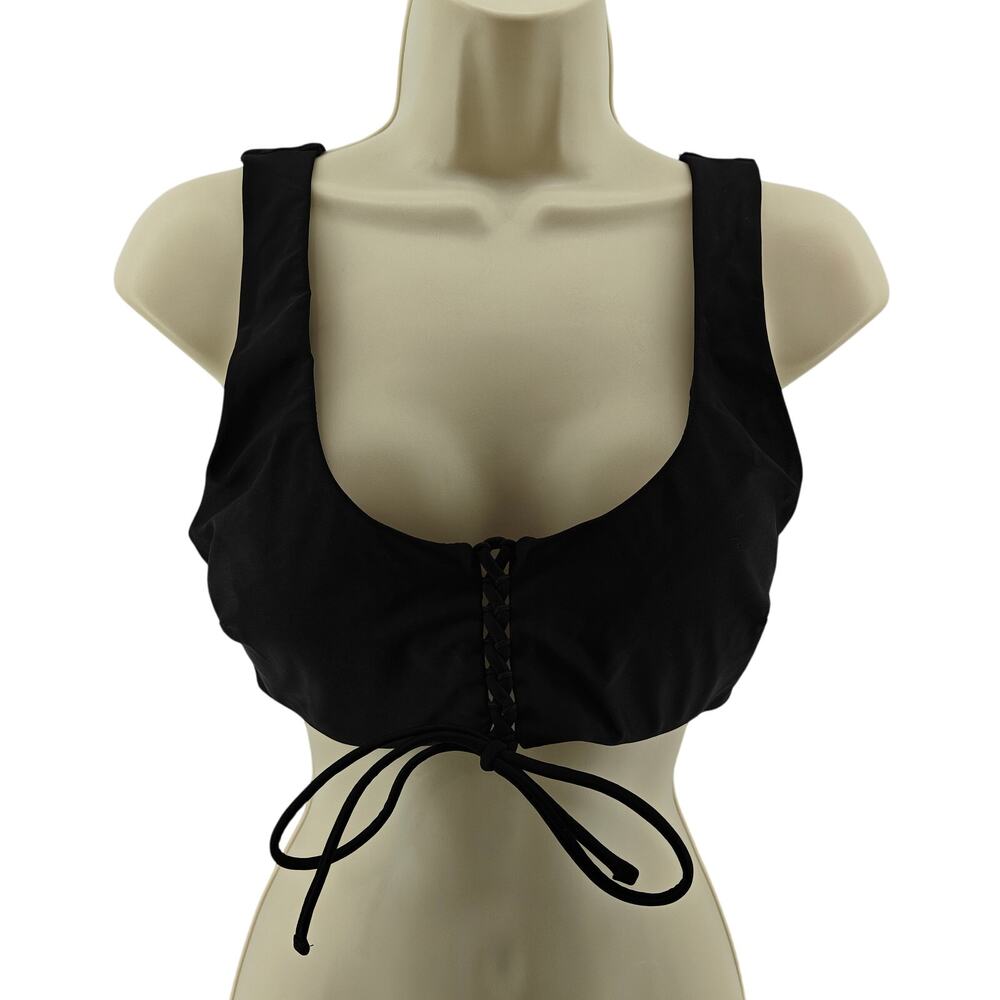 Aerie Black Lace Up Accented Scoop Bikini Bathing Suit Top Large